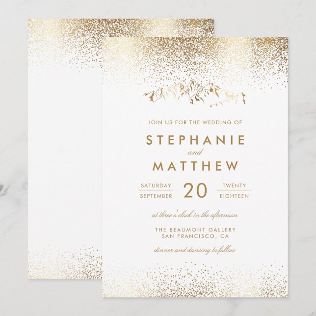 Invitación Elegante Boda de Montaña Confetti Blanco y Oro (Anverso / Reverso)