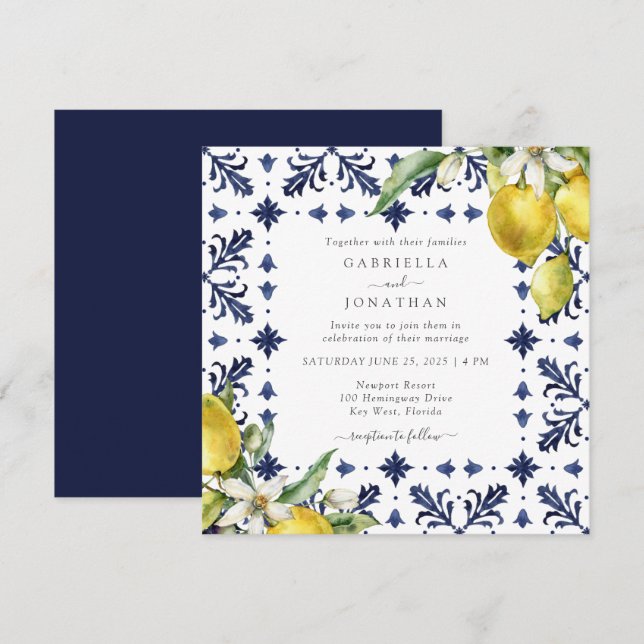 Invitación Elegante Boda de mosaico azul de color limón (Anverso / Reverso)