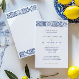 Invitación Elegante Boda de mosaico mediterráneo blanco y azu