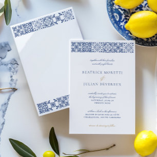 Invitación Elegante Boda de mosaico mediterráneo blanco y azu