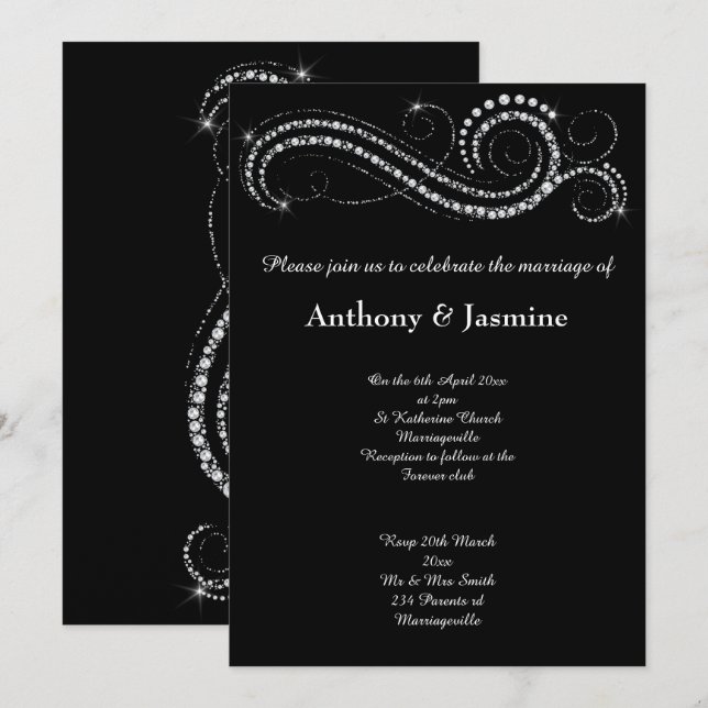 INVITACIÓN ELEGANTE BODA DE NADA DE DIAMANTE NEGRO (Anverso / Reverso)