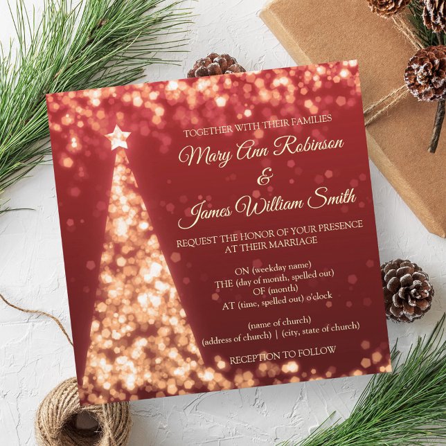 Invitación Elegante Boda de Navidad con Tema Rojo y Dorado (Elegant Red & Gold Christmas Holiday Wedding Invitation)