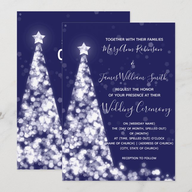 Invitación Elegante Boda de Navidad de Plata y Azul Marino Ár (Anverso / Reverso)