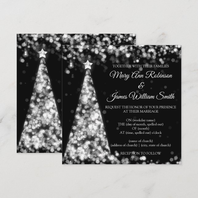 Invitación Elegante Boda de Navidad de Plata y Negro (Anverso / Reverso)