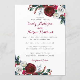 Invitación Elegante Boda de Navidad Floral Borgoña