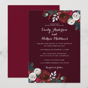 Invitación Elegante Boda de Navidad Floral Rojo Borgoña