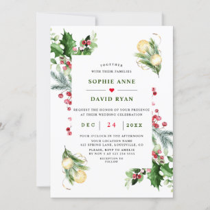 Invitación Elegante Boda de Navidades de Berry de pino dorado