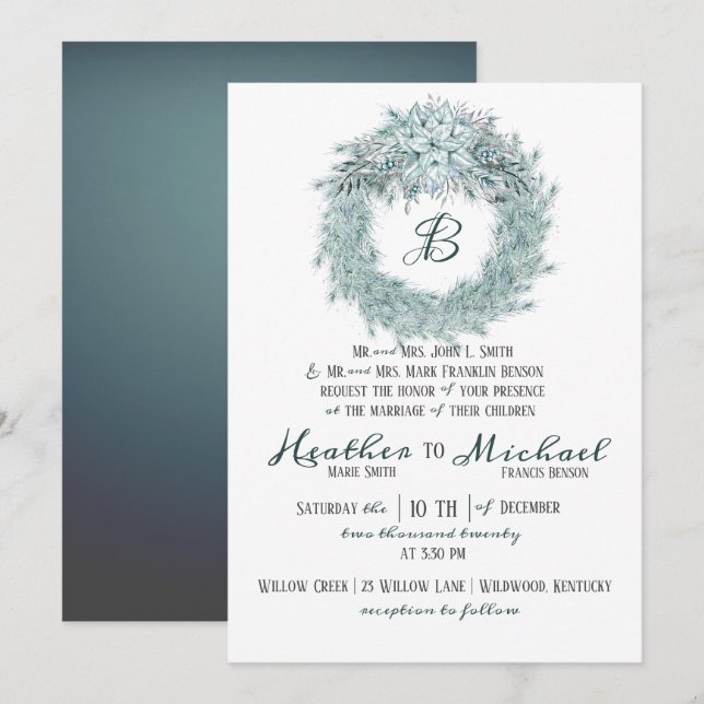 Invitación Elegante Boda de Navidades de color verde negro (Anverso / Reverso)