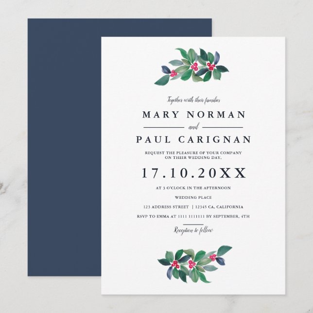 Invitación Elegante boda de Navidades de invierno azul verde (Anverso / Reverso)