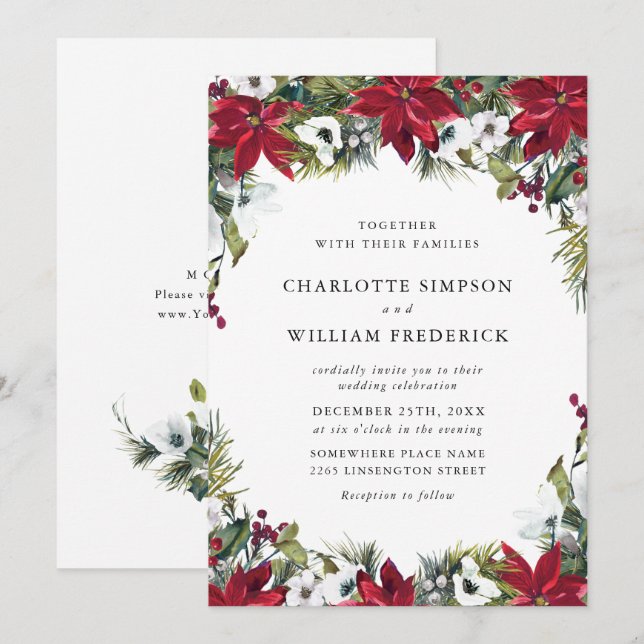 Invitación Elegante Boda de Navidades de la Poinsettia Roja (Anverso / Reverso)