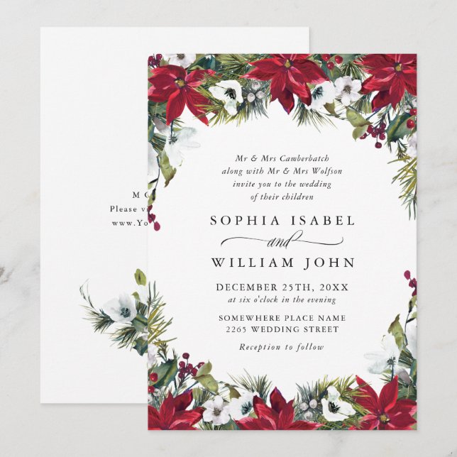 Invitación Elegante Boda de Navidades de la Poinsettia Roja (Anverso / Reverso)