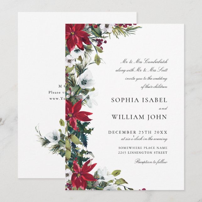 Invitación Elegante Boda de Navidades de la Poinsettia Roja (Anverso / Reverso)