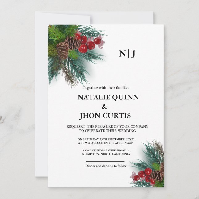 Invitación Elegante boda de navidades en Monograma de Verdor (Anverso)