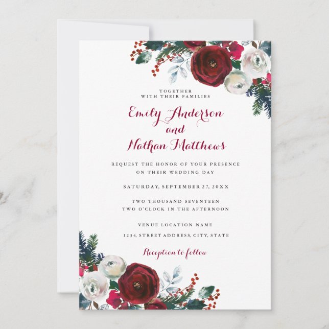 Invitación Elegante Boda de Navidades florales de Borgoña (Anverso)