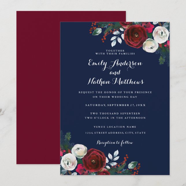 Invitación Elegante Boda de Navidades florales de la Marina d (Anverso / Reverso)