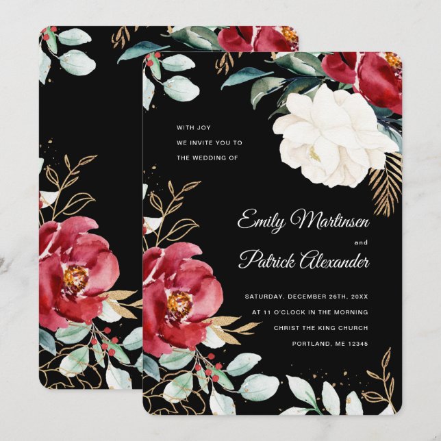 Invitación Elegante Boda de Navidades florales negras (Anverso / Reverso)