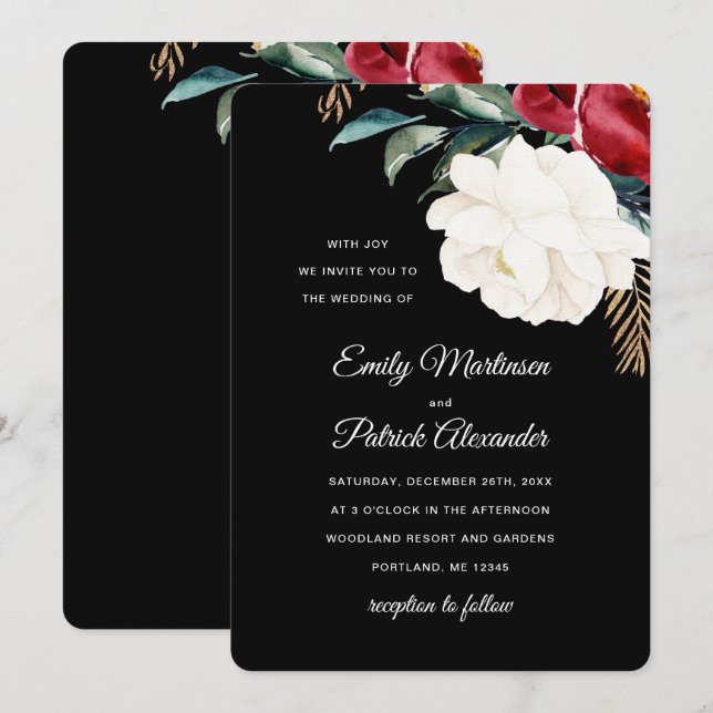 Invitación Elegante Boda de Navidades florales negras (Anverso / Reverso)