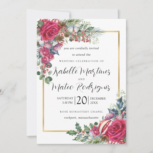 Invitación Elegante Boda de Navidades florales rojas (Anverso)
