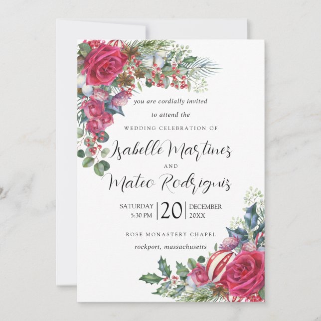 Invitación Elegante Boda  de Navidades florales rojas (Anverso)