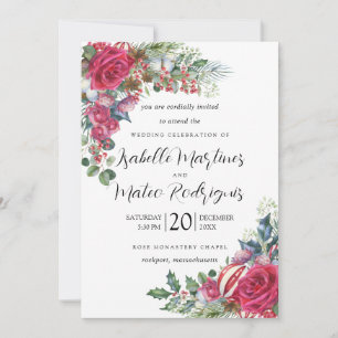 Invitación Elegante Boda  de Navidades florales rojas