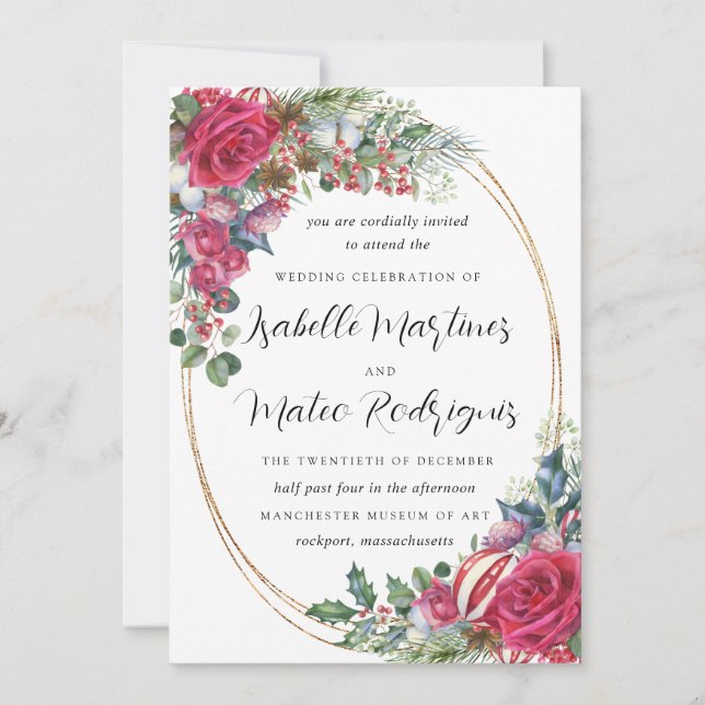 Invitación Elegante Boda  de Navidades florales rojas (Anverso)