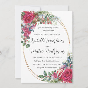 Invitación Elegante Boda  de Navidades florales rojas