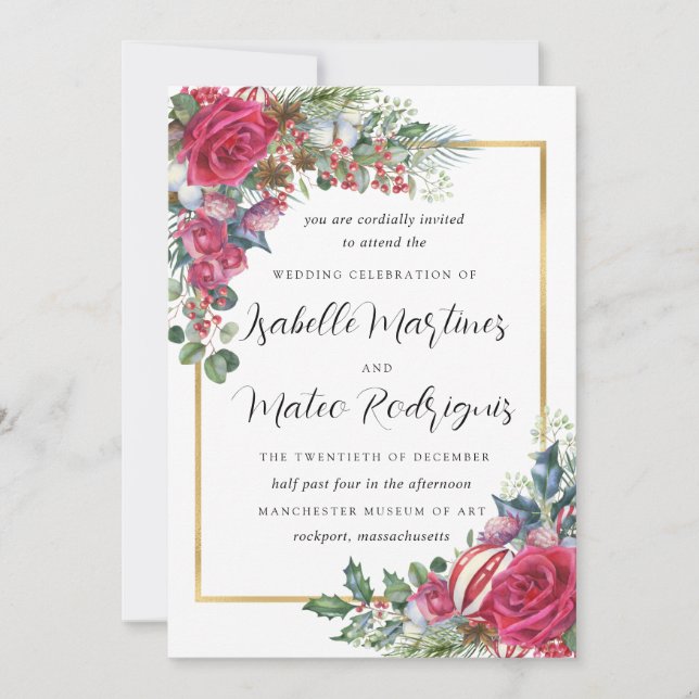Invitación Elegante Boda de Navidades florales rojas (Anverso)