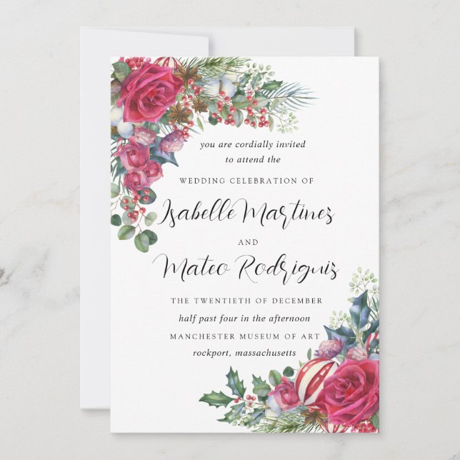 Invitación Elegante Boda  de Navidades florales rojas (Anverso)