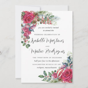 Invitación Elegante Boda  de Navidades florales rojas