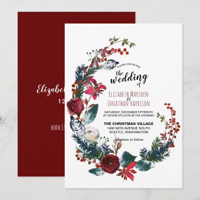Invitación Elegante Boda de Navidades florales rojos de Borgo (Anverso / Reverso)