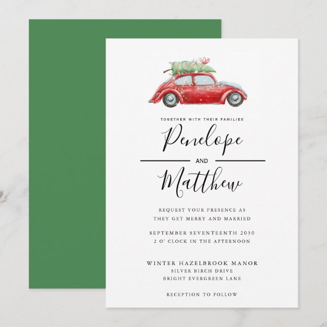 Invitación Elegante Boda de Navidades Rústicos de Acuarela (Anverso / Reverso)