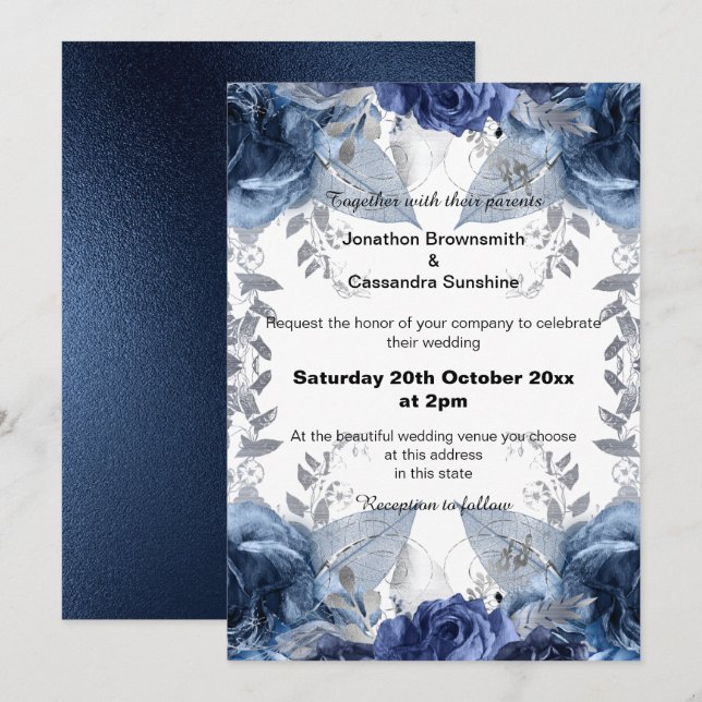 INVITACIÓN ELEGANTE BODA DE NAVY AZUL FLORAL (Anverso / Reverso)