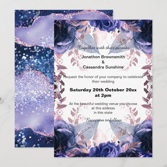 INVITACIÓN ELEGANTE BODA DE NAVY FLORAL PURPLE (Anverso / Reverso)