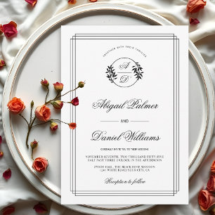 Invitación Elegante boda de negro, rama blanca y iniciales