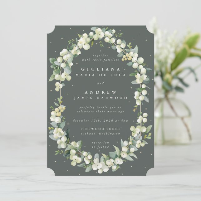 Invitación Elegante Boda de nieve verde gris + eucalipto (Anverso de pie)