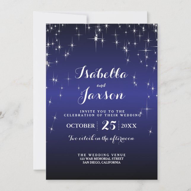 Invitación Elegante boda de noche estrellada en azul oscuro (Anverso)
