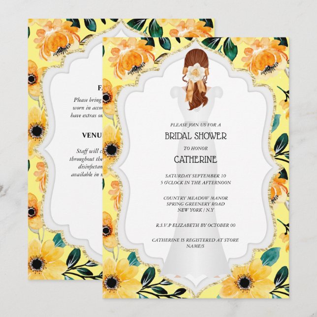 Invitación Elegante boda de novia vestido de margarita amaril (Anverso / Reverso)