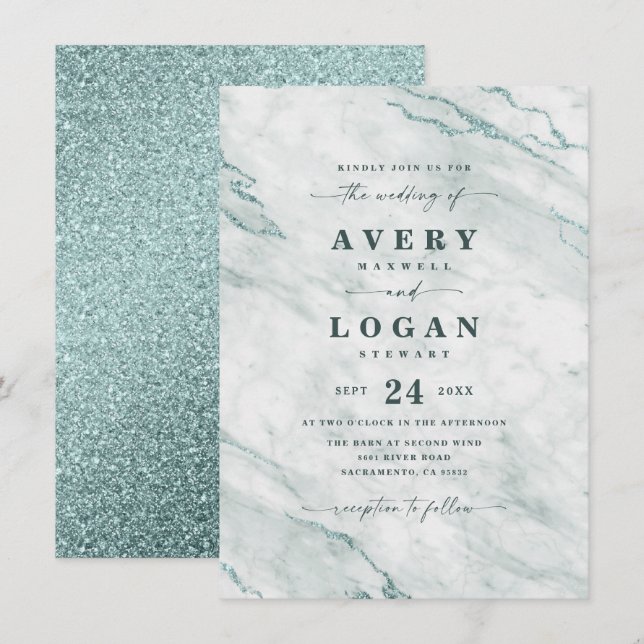 Invitación Elegante Boda de Ocean Aqua Marble y Purpurina (Anverso / Reverso)