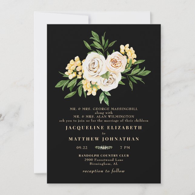 Invitación Elegante Boda de onias florales de crema negra (Anverso)