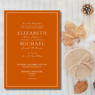 Invitación Elegante boda de orang y guión clásico blanco