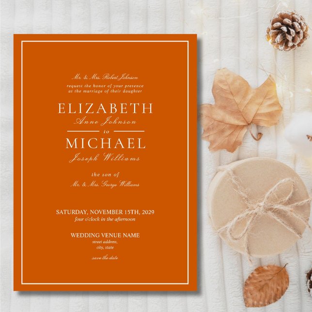 Invitación Elegante boda de orang y guión clásico blanco (Subido por el creador)