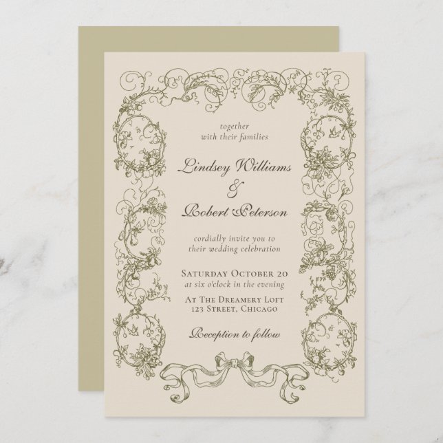 Invitación Elegante Boda de origen beige crema beige-ornate (Anverso / Reverso)