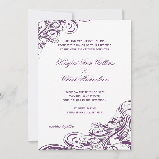 Invitación Elegante Boda de Ornato Blanco Morado (Anverso)