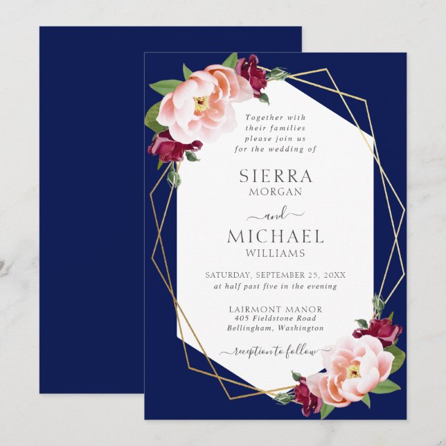 Invitación Elegante Boda de oro azul de la Marina de Borgoña  (Anverso / Reverso)