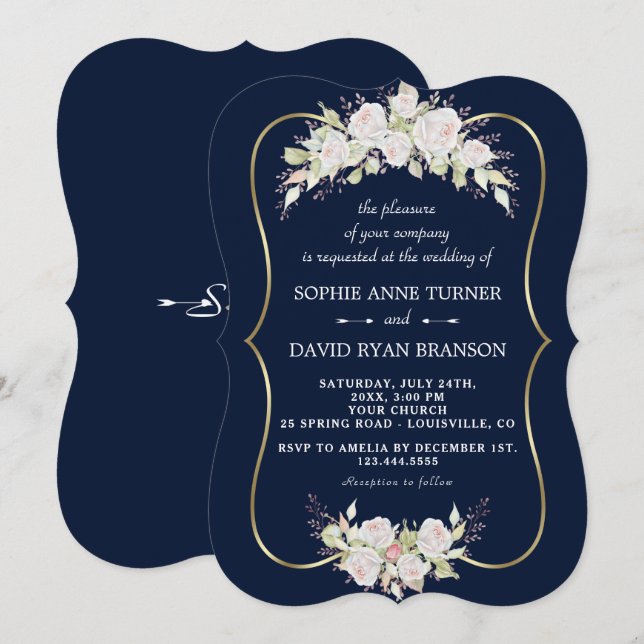 Invitación Elegante Boda de Oro Azul de la Marina Rosa Blanca (Anverso / Reverso)