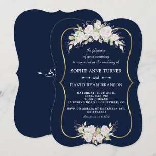 Invitación Elegante Boda de Oro Azul de la Marina Rosa Blanca