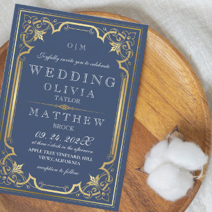 Invitación Elegante Boda de oro azul vintage ornamental
