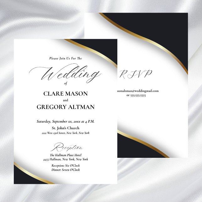 Invitación Elegante Boda de oro blanco negro con RSVP (Elegant Black White Gold Wedding Invitation)