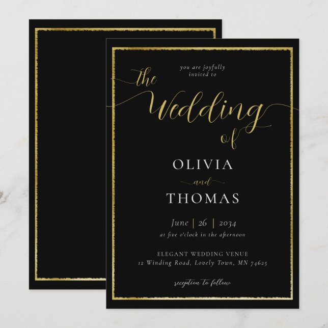 Invitación Elegante Boda de oro blanco negro simple y moderno (Anverso / Reverso)