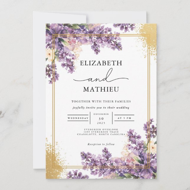 Invitación Elegante Boda de Oro Botánico Lilac (Anverso)